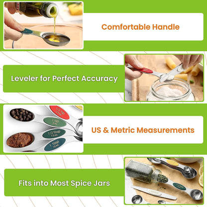 Spring Chef Stainless Steel Magnetic Measuring Spoons Set with Strong N45 Magnets, Heavy Duty Metal Kitchen Gadgets for Baking & Cooking, Fits in Most Kitchen Spice Jars, Set of 8 with Leveler, Black
