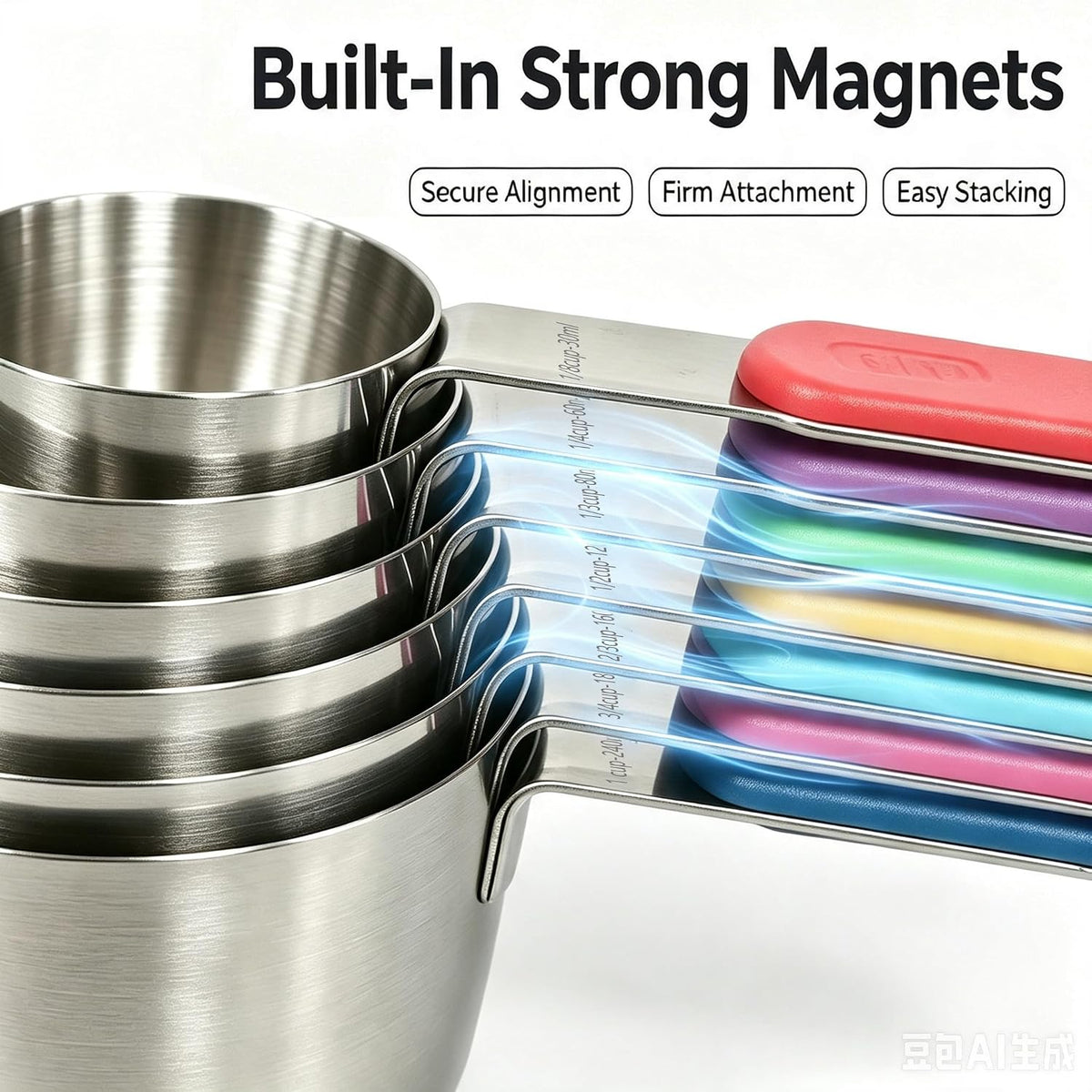 Magnetic Handles Stainless Steel Measuring Cups, Black, Kitchen Gadgets for Measure Liquid and Dry Ingredients, Cooking & Baking