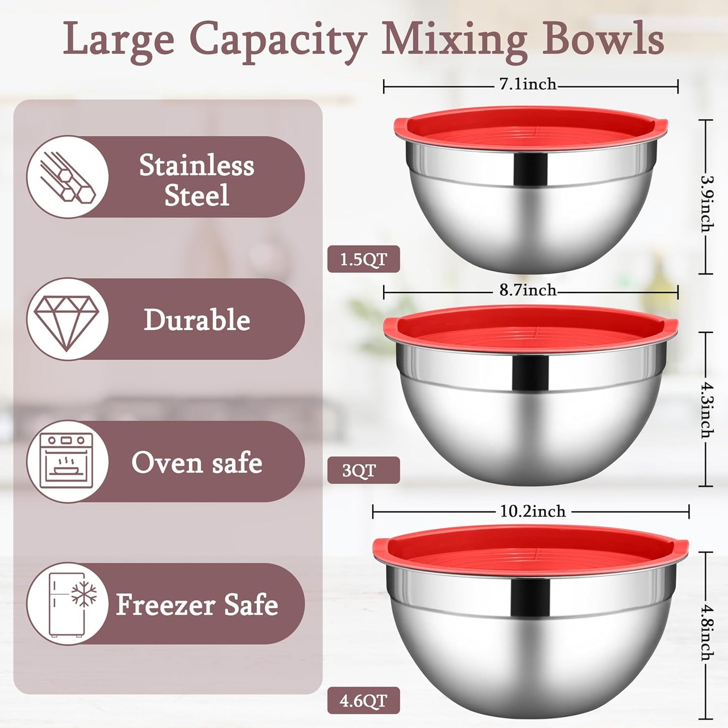 LIANYU Mixing Bowls with Airtight Lids Sets, 3 Packs Stainless Steel Metal Mixing Bowls, Ideal for Prepping, Cooking, Storage, Serving, Freezer & Dishwasher Safe, Khaki