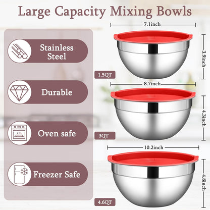 LIANYU Mixing Bowls with Airtight Lids Sets, 3 Packs Stainless Steel Metal Mixing Bowls, Ideal for Prepping, Cooking, Storage, Serving, Freezer & Dishwasher Safe, Khaki