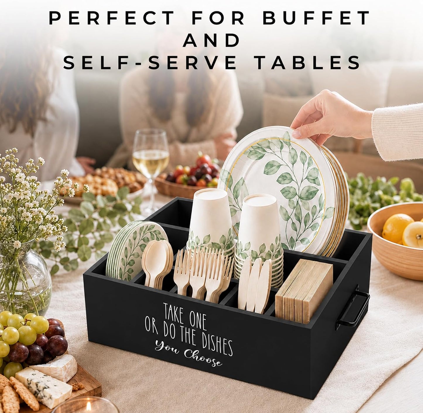 Paper Plate Holder, Plastic Silverware Caddy, Plastic Utensil Dispenser for Party Buffet Camping BBQ, Disposable Spoon Fork Knives Dish Cup Napkin Storage Organizer for Kitchen Counter (White)