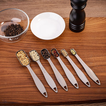 13-piece Measuring Cups and Spoons Set, 18/8 Stainless Steel Heavy Duty Ergonomic Handle with Ring Connector, Silver