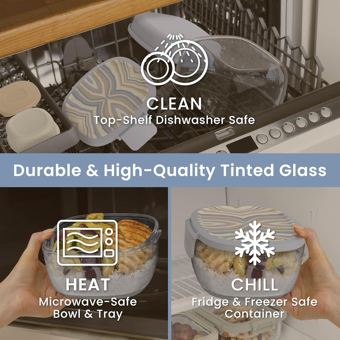 Bentgo Glass Salad Container - 7.6-Cup Salad Bowl with Airtight Lid, Leak-Proof Sauce Container, 4-Compartment Bento Tray & Reusable Fork - BPA-Free for Meal Prep, Office & More (Light Blue)