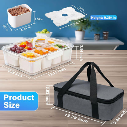 Portable Snackle Box Container with Ice Pack,Snack Container Divided Serving Tray Insulated Bag, Cooling Travel Snacklebox with Lid & Handle,8 Compartment Chilled Serving Tray for Beach,Outdoor,Picnic