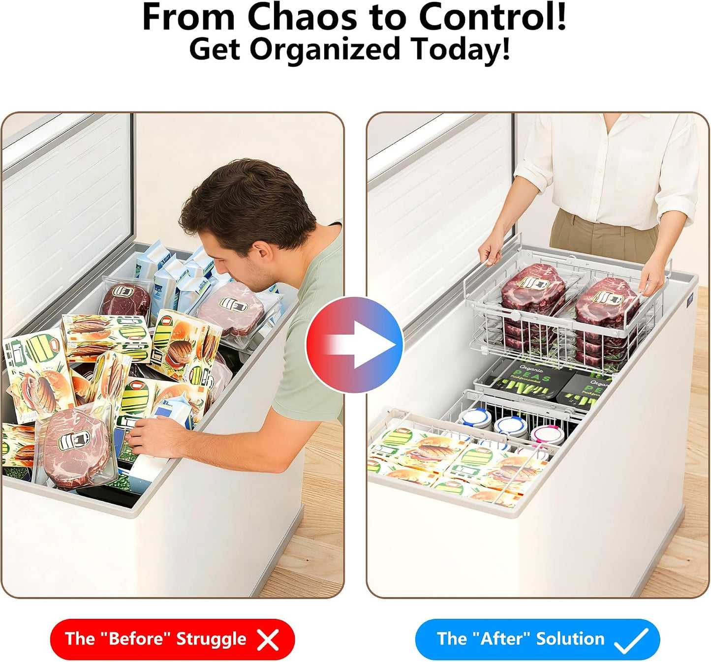Freezer Organizer Bins, 6-Pack for Chest Freezers | Stackable & Expandable Storage Container with Handles | White Foldable Baskets for 10-20 Cu. Ft. | for Sorting Frozen Meats