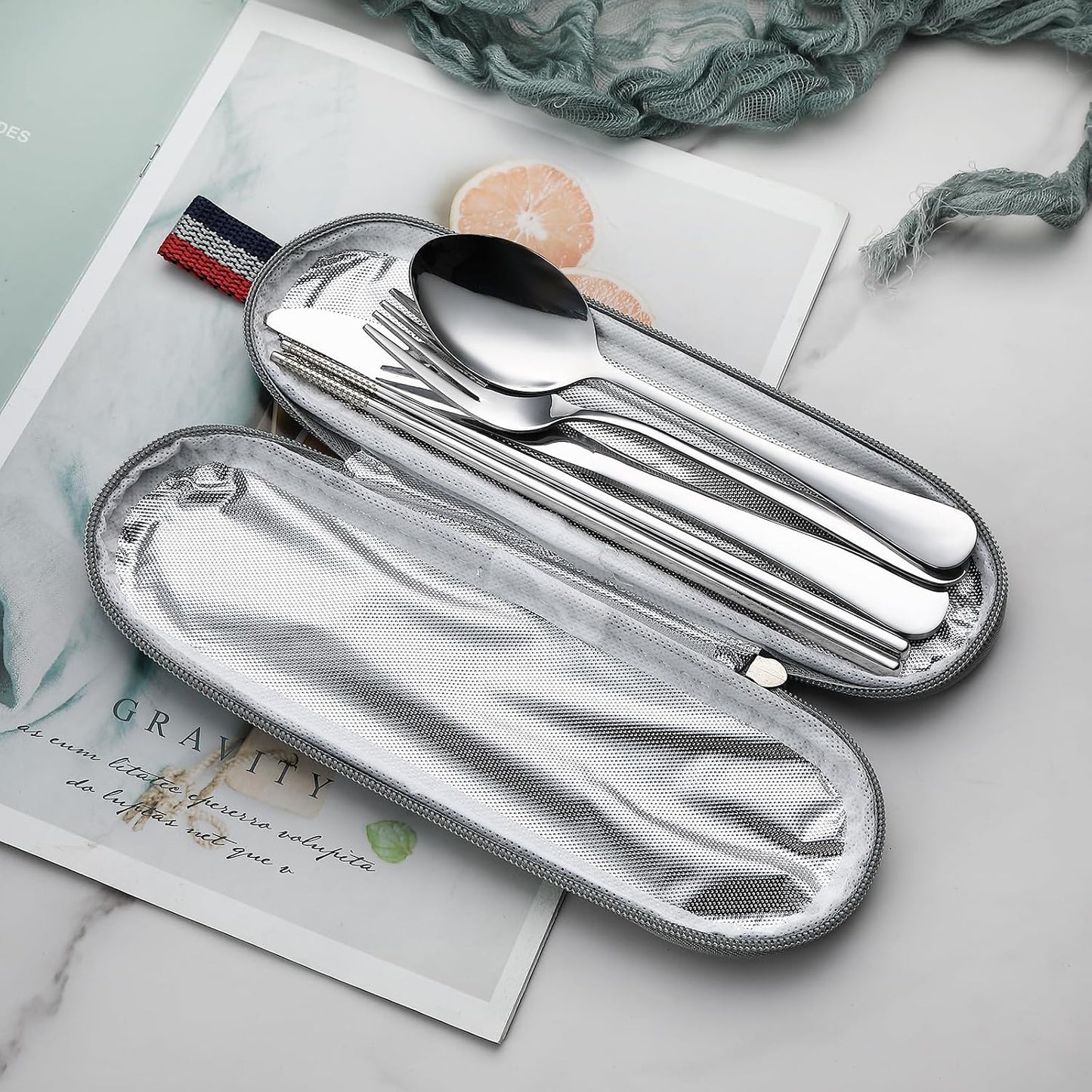 DEVICO Camping Utensils, Full-Size Reusable Silverware for Lunch Adult, Stainless Steel Travel Cutlery Set with Case, Portable Fork Spoon Knife Set for Work, Flatware with Chopsticks (Rainbow)
