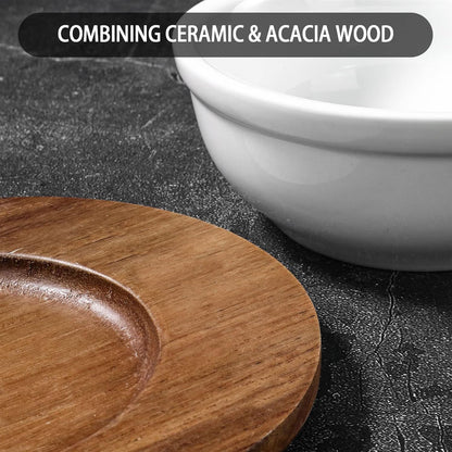 Artena 6oz Turquoise Solid Ceramic Chips and Dip Serving Platter with Acacia Wooden Tray, 4.5inch Glazing Small Serving Bowls/Dipping Dishes for Condiments,Side Dishes, Dipping, Pre, Dessert, Salsa