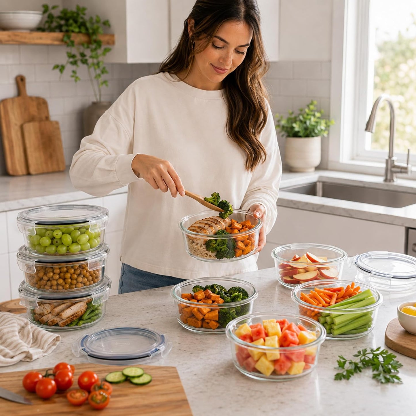 Sorbus Glass Meal Prep Containers Set – 8 Round 32oz Containers with Airtight Lids – Freezer, Dishwasher, Oven Safe – Reusable Food Storage Bowls