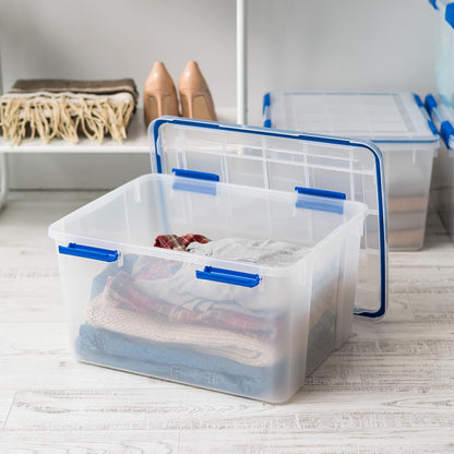 IRIS USA WeatherPro 16 Qt Storage Bins with Lids, 3 Pack, BPA-Free Plastic Gasket Box with Tight Latch and Seal, Stackable Nestable Tote Tub - Clear/Blue
