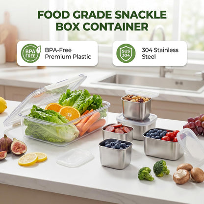 6-Compartment 304 Stainless Steel Snackle Box with Lid & Handle, Divided Serving Tray for Fruit, Veggie, Candy, Nuts – Portable Snack Container for Travel, Picnic, Beach, Party