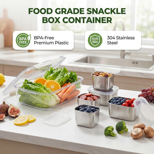 6-Compartment 304 Stainless Steel Snackle Box with Lid & Handle, Divided Serving Tray for Fruit, Veggie, Candy, Nuts – Portable Snack Container for Travel, Picnic, Beach, Party