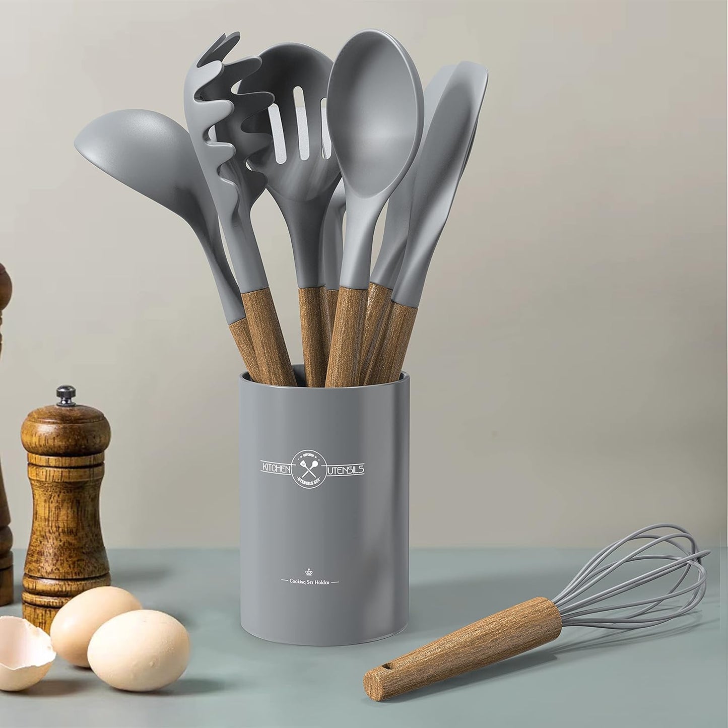 Silicone Kitchen Cooking Utensil Set, 9Pcs Kitchen Utensils Spatula Set with Wooden Handle for Nonstick Cookware, 446°F Heat Resistant Silicone Kitchen Gadgets Utensil Set with Large Holder（Grey）