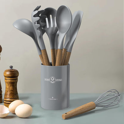 Silicone Kitchen Cooking Utensil Set, 9Pcs Kitchen Utensils Spatula Set with Wooden Handle for Nonstick Cookware, 446°F Heat Resistant Silicone Kitchen Gadgets Utensil Set with Large Holder（Grey）
