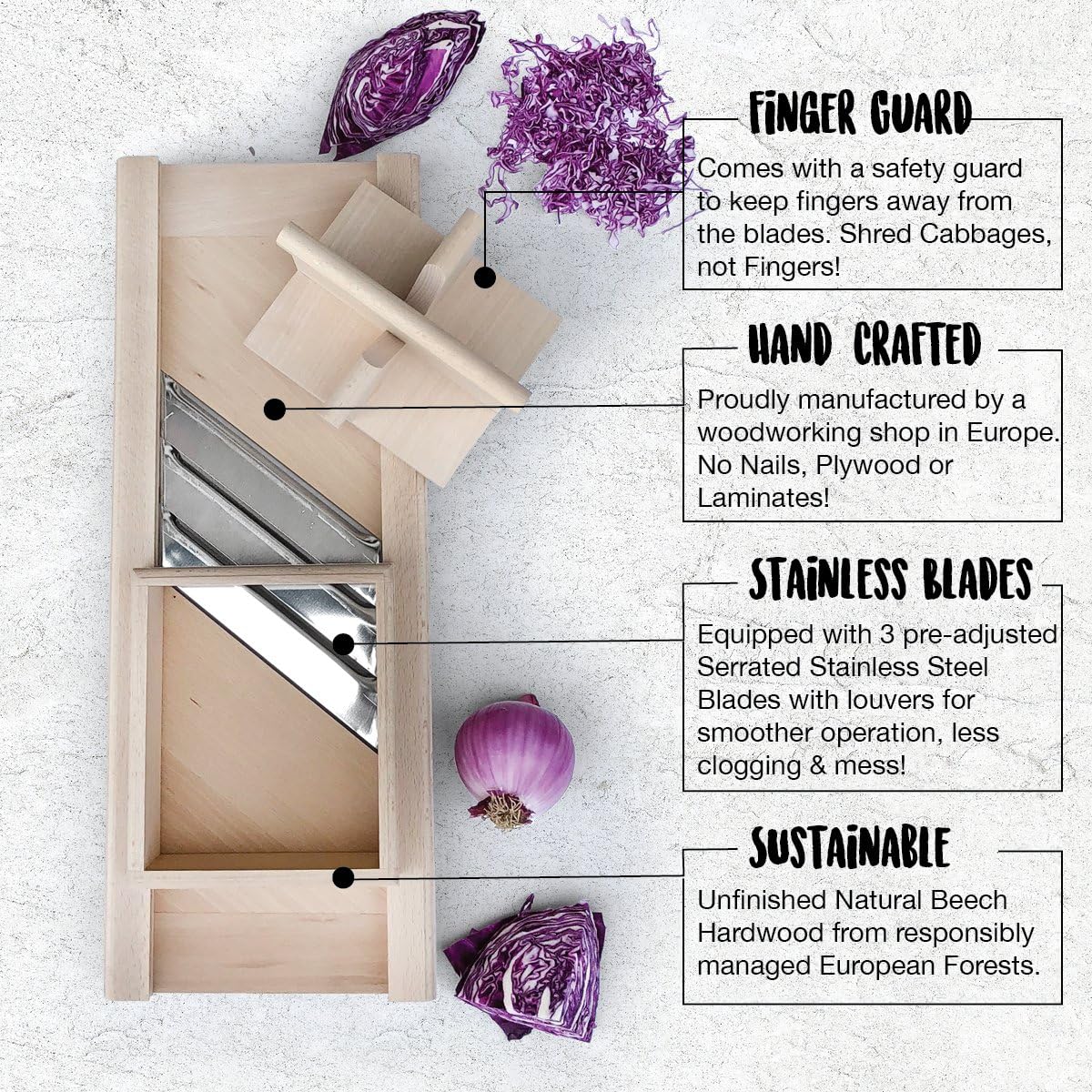 Traditional Wooden Cabbage Shredder Slicer with Hand Guard for Finely Cut Sauerkraut and Coleslaw - Heirloom Quality - Made in Europe - Beech Wood - Stainless Steel Blades