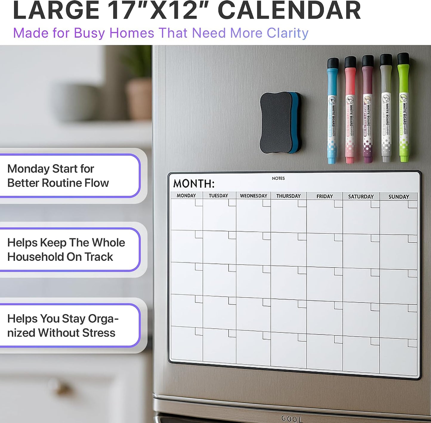 Fridge Calendar Acrylic 17x12”, Start Monday | Magnetic Calendar for Refrigerator | Acrylic Dry Erase Whiteboard Calendar for Fridge | Family Schedule Board with 5 Markers & Eraser by Freedom Mastery