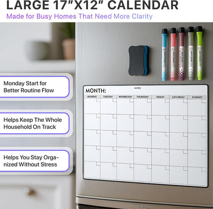 Fridge Calendar Acrylic 17x12”, Start Monday | Magnetic Calendar for Refrigerator | Acrylic Dry Erase Whiteboard Calendar for Fridge | Family Schedule Board with 5 Markers & Eraser by Freedom Mastery