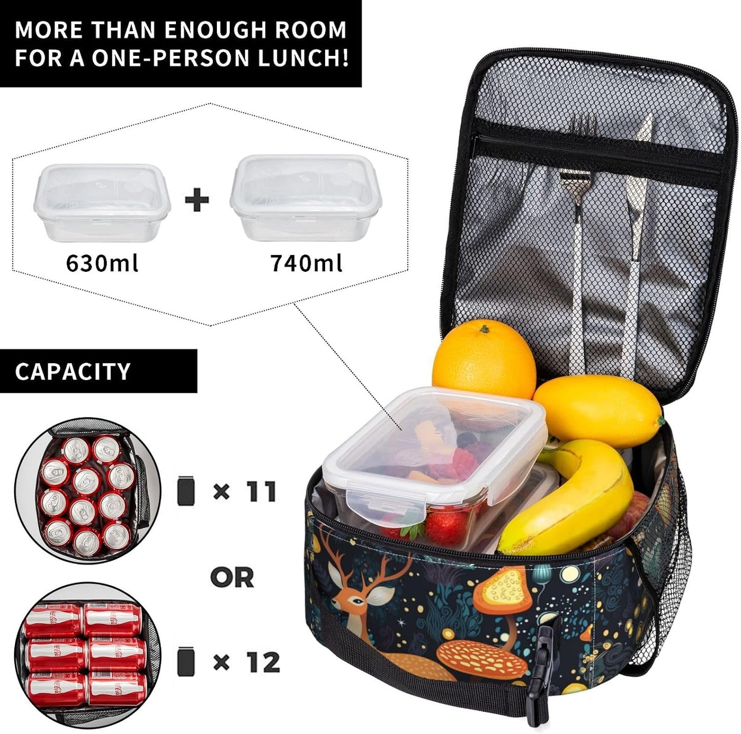 Black Cat Reusable Lunch Box Food Bag Insulated Lunch Bag for Teenage Boys Girls School Beach