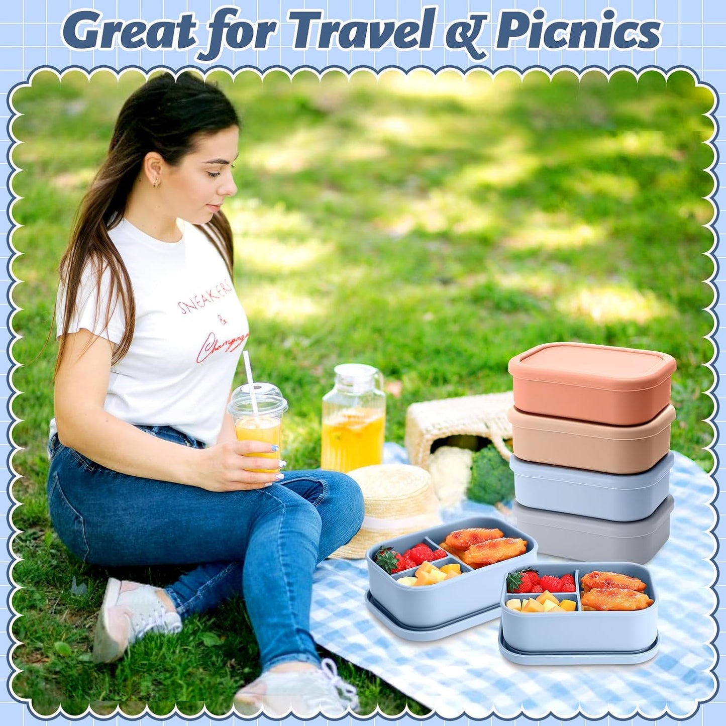 Honeydak 6 Pcs Silicone Bento Box Reusable Silicone Bento Lunch Container for Adults Microwave Dishwasher Freezer Safe 3 Compartment (Light Colors)