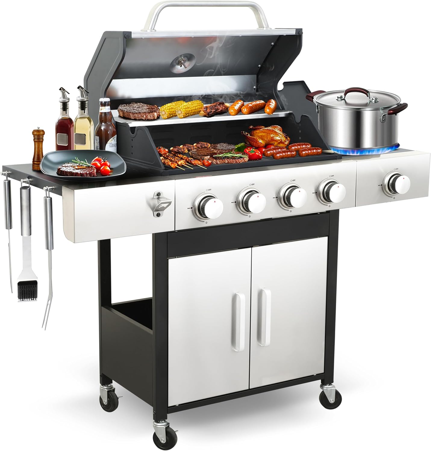69000 BTU Output Propane Gas Grill with Side Burner and 6 Main Burners - Double-layer Stainless Steel Lid, Cast Iron Grids and Plate, Easy-Clean Grease Management for Perfect BBQs
