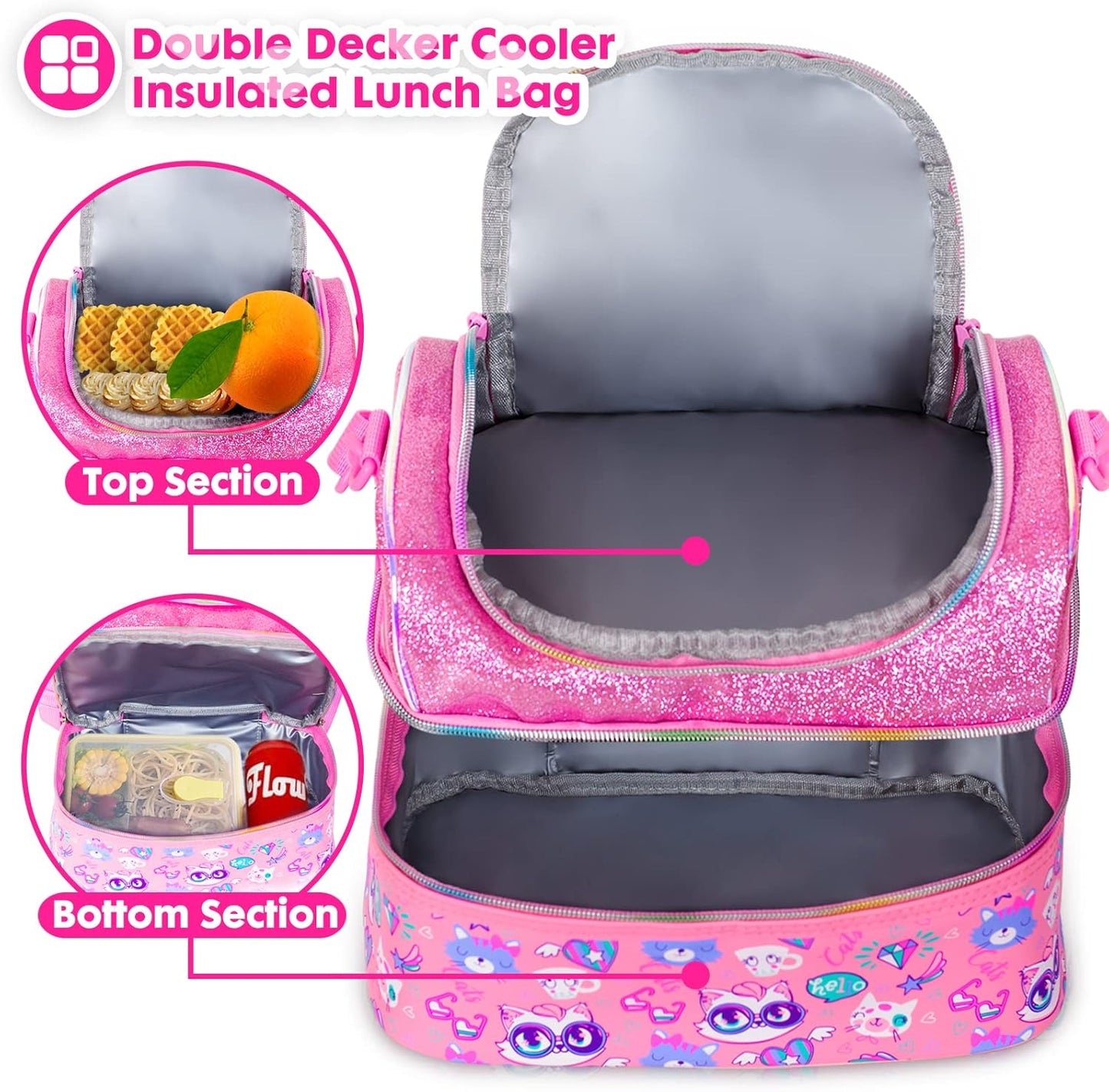 Kids Double Decker Cooler Insulated Lunch Bag, Back to School Large Meal Tote for Boys, Girls, Men, Women, with Adjustable Strap, Soccer