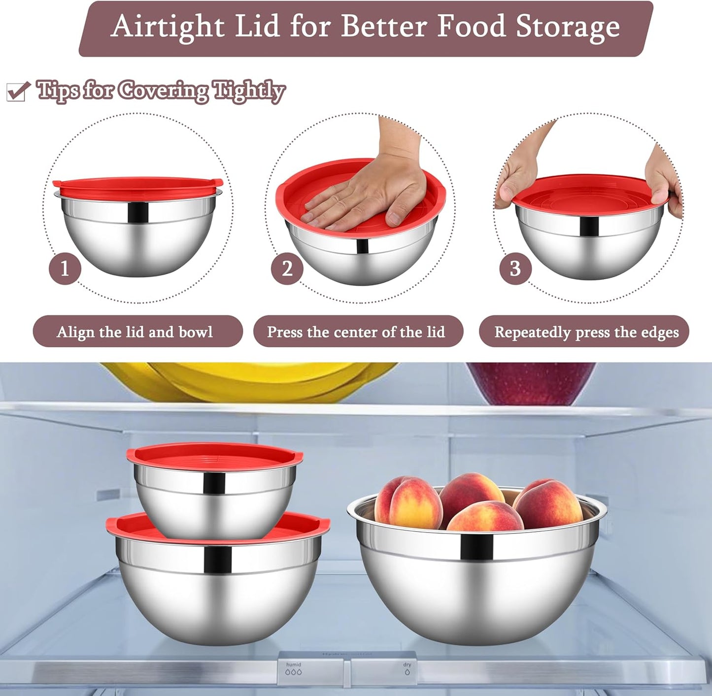 LIANYU Mixing Bowls with Airtight Lids Sets, 3 Packs Stainless Steel Metal Mixing Bowls, Ideal for Prepping, Cooking, Storage, Serving, Freezer & Dishwasher Safe, Khaki