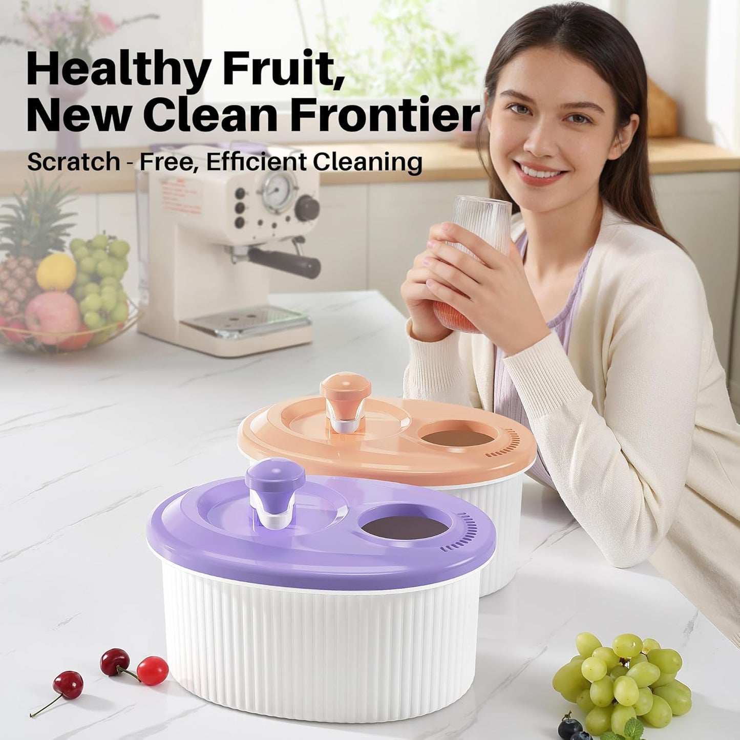 JOYMOOP Fruit Washer and Spinner with Brush, Large Cleaning Bowl for Fruits, Vegetables and Salad, Produce Scrubber