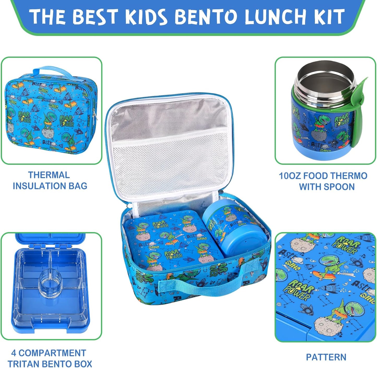 Pawtong Bento Lunch Box Set With 10oz Soup Thermo, Leak-proof Lunch Containers with 4 Compartment, Kids Hot Thermo Food Jar/Insulation Lunch Bag, Food Containers for School（Dinosaur）