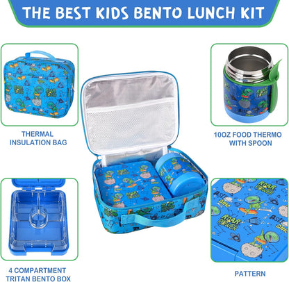 Pawtong Bento Lunch Box Set With 10oz Soup Thermo, Leak-proof Lunch Containers with 4 Compartment, Kids Hot Thermo Food Jar/Insulation Lunch Bag, Food Containers for School（Dinosaur）