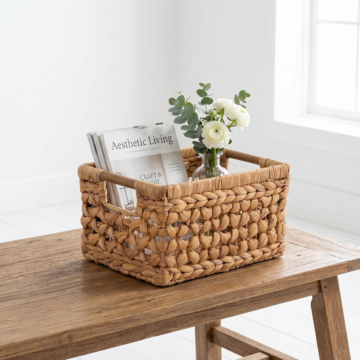 NAYA 11.6" Water Hyacinth Medium Wicker Shelf Basket – Storage Bin | Handwoven water hyacinth shelf basket with sturdy handles for pantry, towels and everyday home organization.