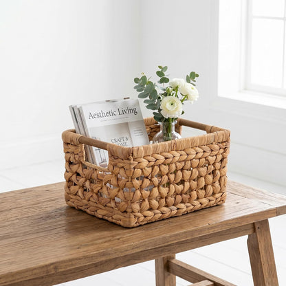 NAYA 11.6" Water Hyacinth Medium Wicker Shelf Basket – Storage Bin | Handwoven water hyacinth shelf basket with sturdy handles for pantry, towels and everyday home organization.