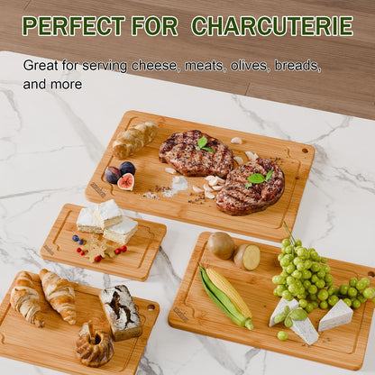 Bamboo Cutting Boards for Kitchen, Wood Cutting Board Set with Juice Grooves & Built-in Handles, Large Medium Small Chopping Board for Meat, Vegetables, Fruit