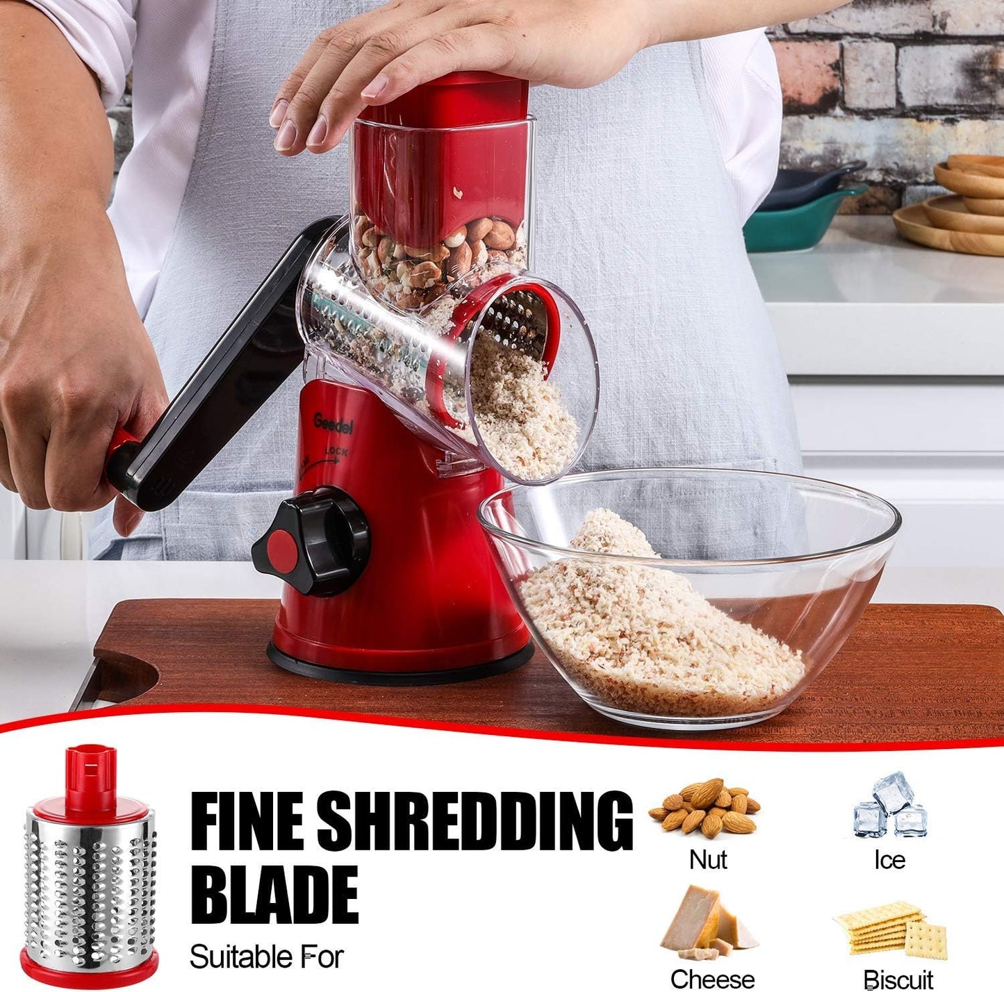 Geedel Rotary Cheese Grater, Kitchen Mandoline Vegetable Slicer with 3 Interchangeable Blades, Easy to Clean Rotary Grater Slicer for Cheese, Vegetables, Nuts
