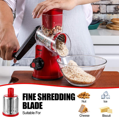 Geedel Rotary Cheese Grater, Kitchen Mandoline Vegetable Slicer with 3 Interchangeable Blades, Easy to Clean Rotary Grater Slicer for Cheese, Vegetables, Nuts