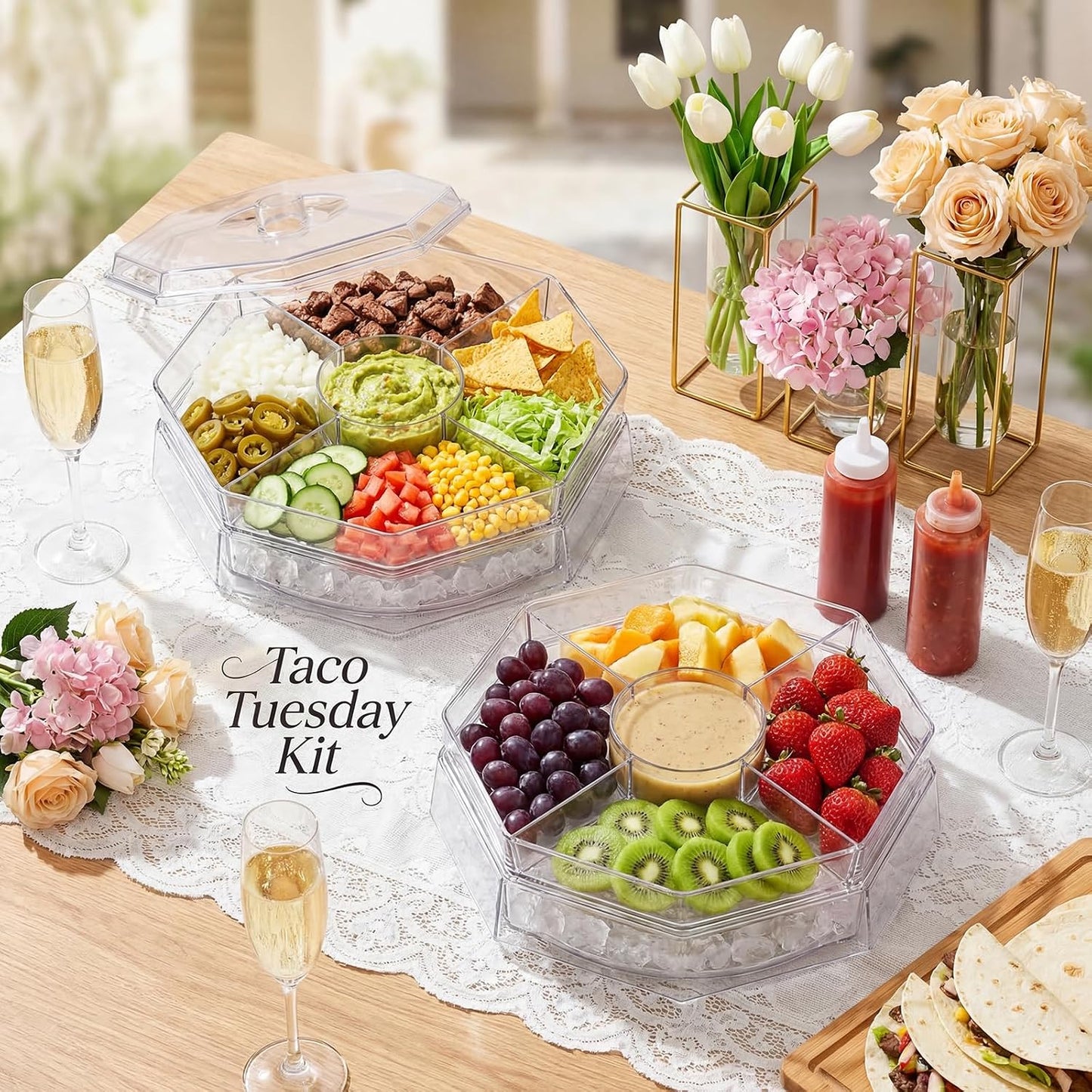 3-Tier Rotating Ice Chilled Serving Tray with Lid, 5-Compartment Fruit Platter with Ice Base for Veggies, Snacks, Seafood and Parties