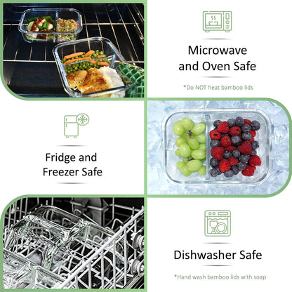 EcoPreps Glass Bento Box Containers with Bamboo Lids, 3 Compartment Glass Meal Prep Containers (3 Pack) - 100% Plastic Free, Eco-Friendly Lunch Container Set, Bamboo Lid Bento Boxes for Adults