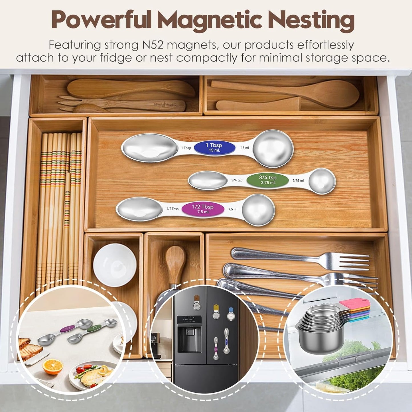 Magnetic Measuring Cups and Spoons Set – 304 Stainless Steel | Dual-sided Design | 15-Piece with Leveler | N52 Space-Saving Magnetic Nesting | Baking & Meal Prep | Kitchen Gift (Black)