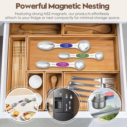 Magnetic Measuring Cups and Spoons Set – 304 Stainless Steel | Dual-sided Design | 15-Piece with Leveler | N52 Space-Saving Magnetic Nesting | Baking & Meal Prep | Kitchen Gift (Black)