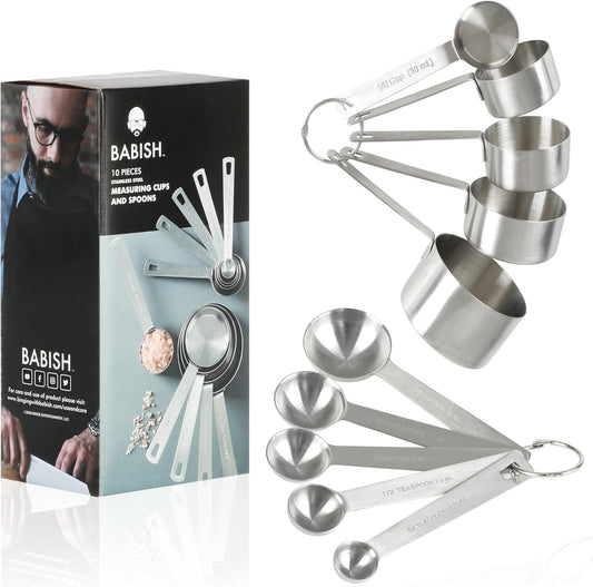 Babish 10-Piece Stainless Steel Measuring Cups and Spoons Set – Heavy-Duty, Rust-Resistant Baking and Cooking Measurement Tools