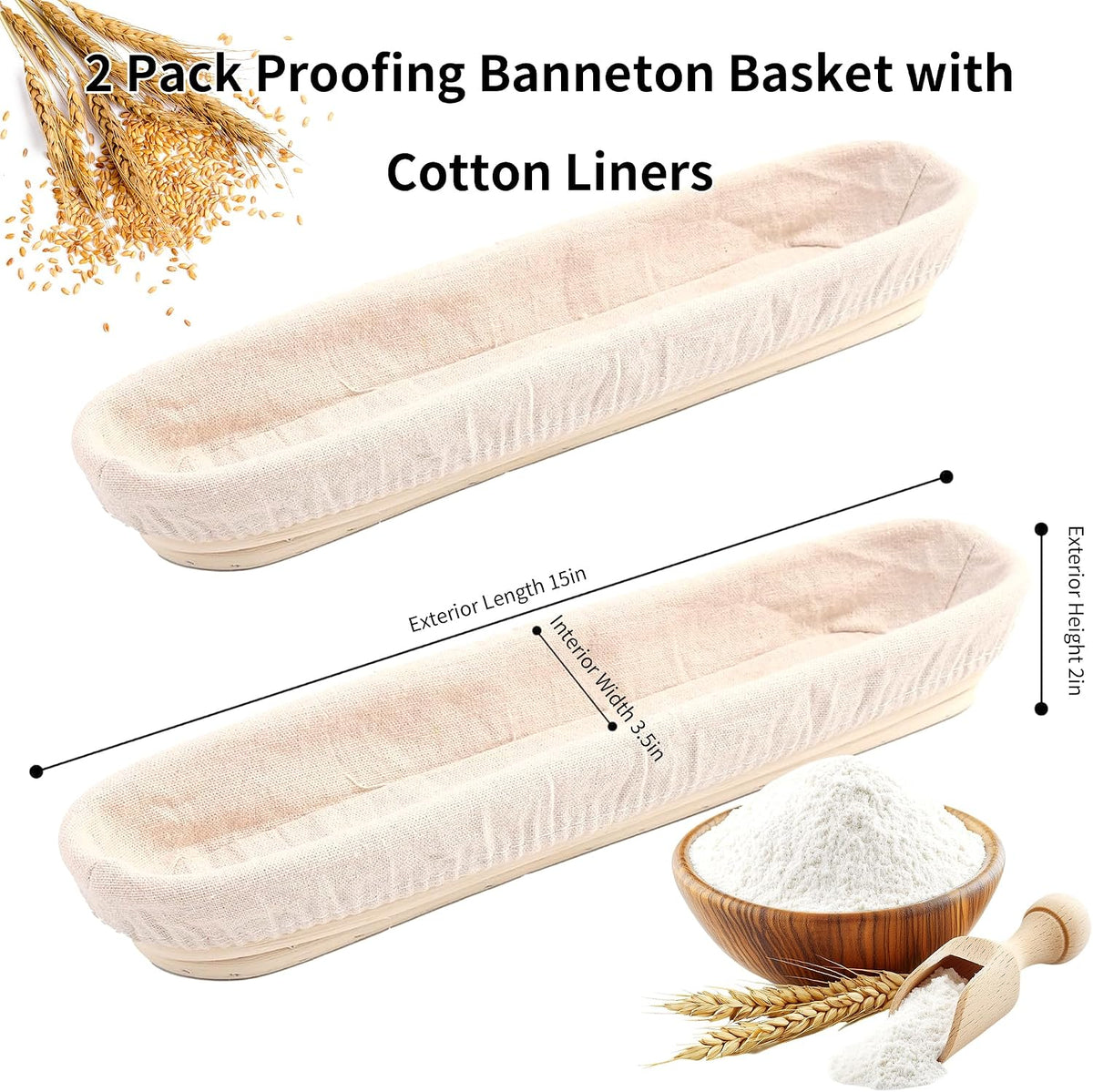 Banneton Bread Proofing Basket, 15" Baguette Sourdough Basket with Liner