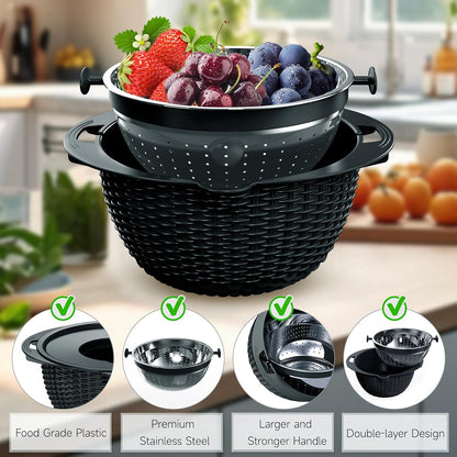 4-1 Colander with Bowl & Spoons Set - Rotatable Colander for kitchen with New Upgraded Graters, Food Strainer(Patented) for Pasta, Fruits, Vegetables, Funny Presents for Women, Beige
