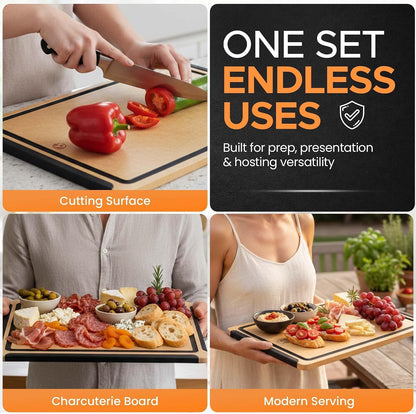 Earth's Dreams Composite Wood Cutting Board Set of 3 – Built In Juice Groove, Dishwasher Safe,Cutting Boards for Kitchen – Large, Medium & Small Non-Slip Wood Charcuterie & Chopping Boards (Tan/Black)