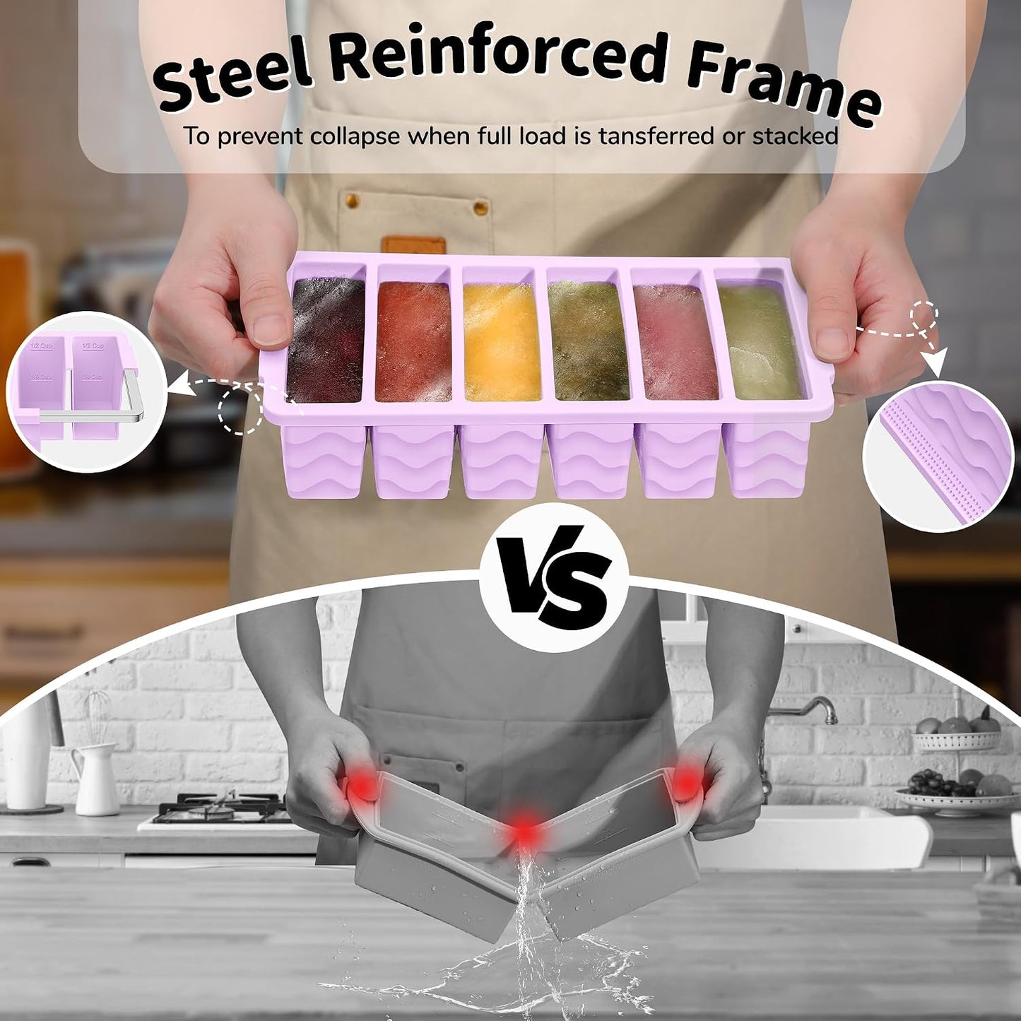 4-Pack Silicone Freezer Trays with Lid,2*【2 Large 2-Cup(500ml)&6 Small 1/2-Cup(125ml)】Soup Freezer Container Molds,Ice Cube Tray For Meal Prep&Freezing Soup,Stews,Sauces,Oven&Dishwasher-Safe