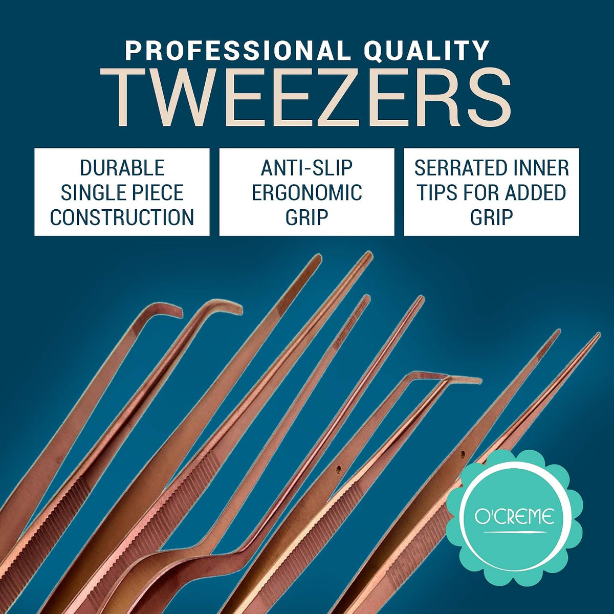 O'Creme Set of Culinary Tweezer Tongs Offset, Straight and Curved, Plus Super Sharp Chef Scissors, Total 6 Pieces (Rose Gold)