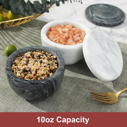 jalz jalz Acacia Wood Salt Cellar with white Marble Lid, 10oz Pinch Pot & Spoon