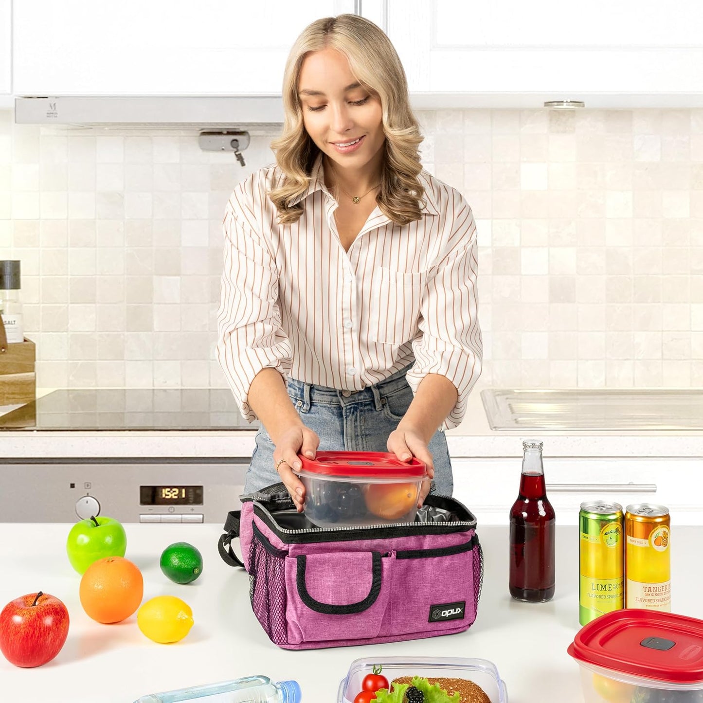 opux Insulated Lunch Bag Women Men, Dual Compartment Leakproof Lunch Box Adults Kids, Double Decker Meal Prep Bento Lunch Cooler Tote with Shoulder Strap for Work Office School Travel, Floral Purple
