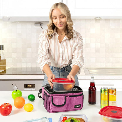 opux Insulated Lunch Bag Women Men, Dual Compartment Leakproof Lunch Box Adults Kids, Double Decker Meal Prep Bento Lunch Cooler Tote with Shoulder Strap for Work Office School Travel, Floral Purple