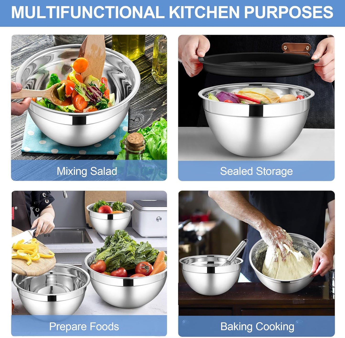 LIANYU Stainless Steel Mixing Bowls Sets of 6, Large 7, 3.5, 2.5, 2, 1.5, 1QT Size with Transparent Airtight Lids, Metal Nesting Serving Bowl Sets for Home Kitchen, Dishwasher & Freezer Safe, Black