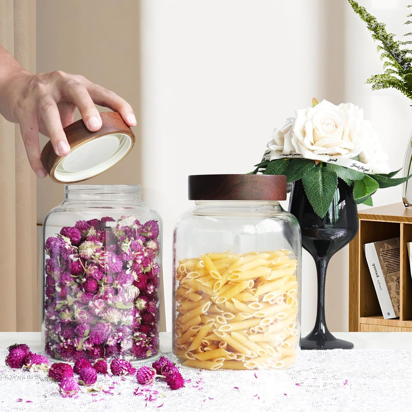 6 pc Glass Spice jars Glass Jars with Screw Lid 5 oz Acacia Wood Glass Herb Sugar Coffee Bean Ground Container Food Storage Canister for Candy Pantry Tea Seasoning Meal Prep Snack (6*150ml(5oz))