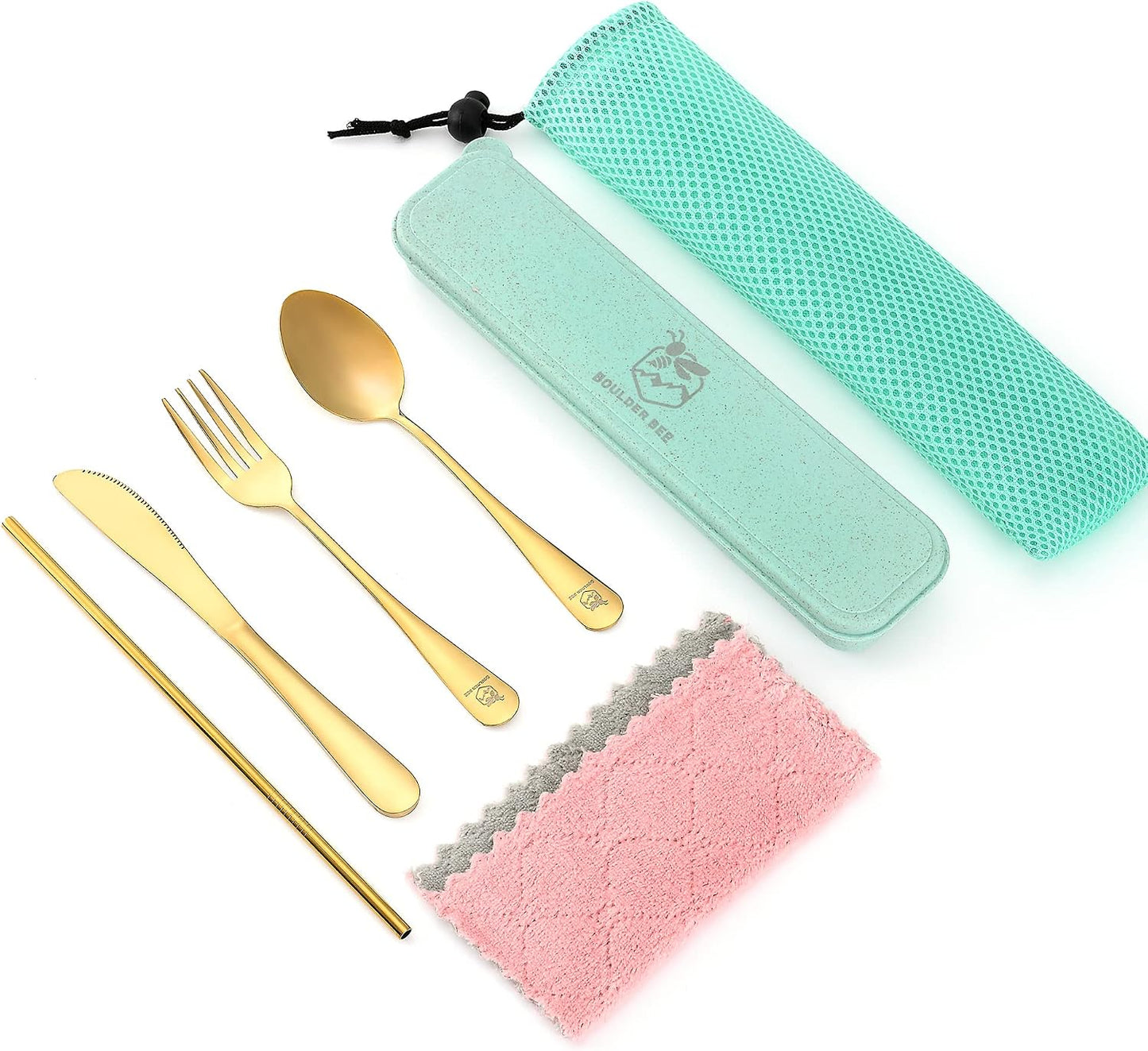 Boulder Bee | Travel Utensils Set | Reusable Camping Cutlery Set | Stainless Steel Flatware Set | Portable Silverware Set with Case | Includes Knife/Fork/Spoon/Straw/Cleaning Cloth/Case (Purple)