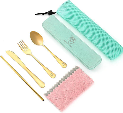 Boulder Bee | Travel Utensils Set | Reusable Camping Cutlery Set | Stainless Steel Flatware Set | Portable Silverware Set with Case | Includes Knife/Fork/Spoon/Straw/Cleaning Cloth/Case (Purple)